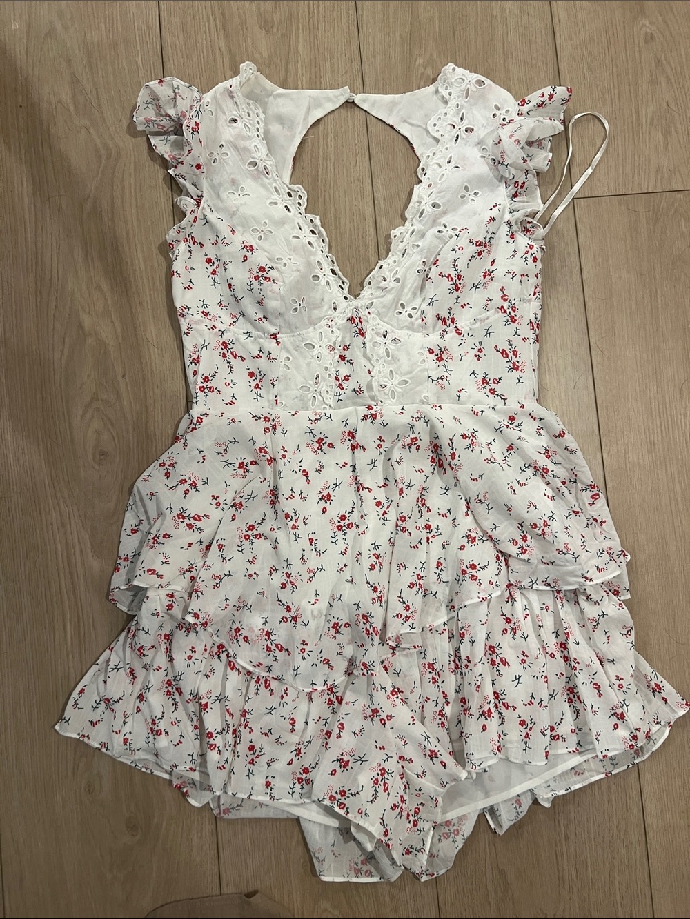 Selfie Leslie White Floral Eyelet Romper with Floral Print
